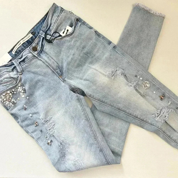 Brave Soul Skinny Jeans Beaded Distressed Denim Stretch Light Blue Size 27 4 NWT - Picture 15 of 16